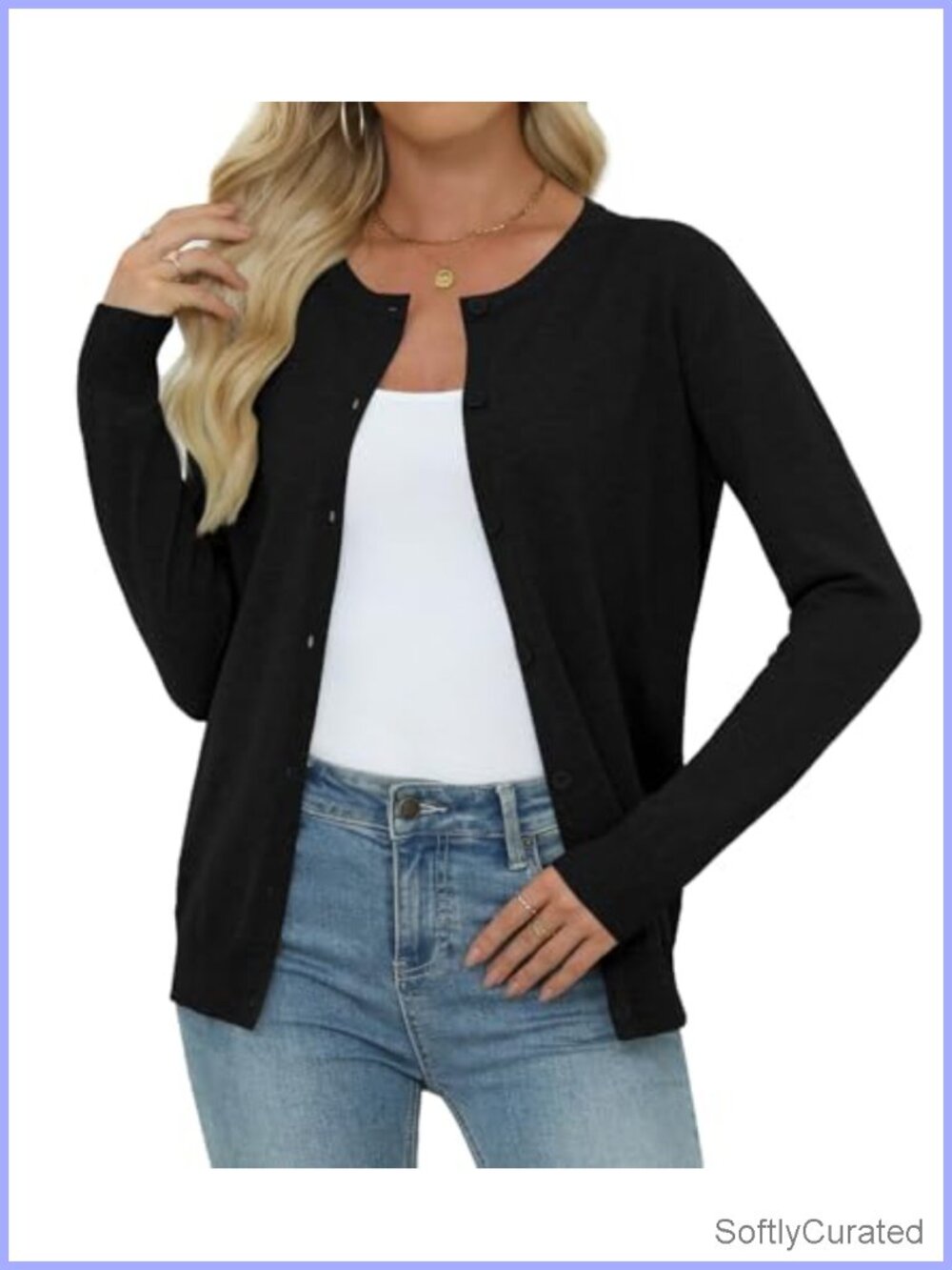 Crew Neck Button Front Knit Cardigan Long Sleeve Sweater